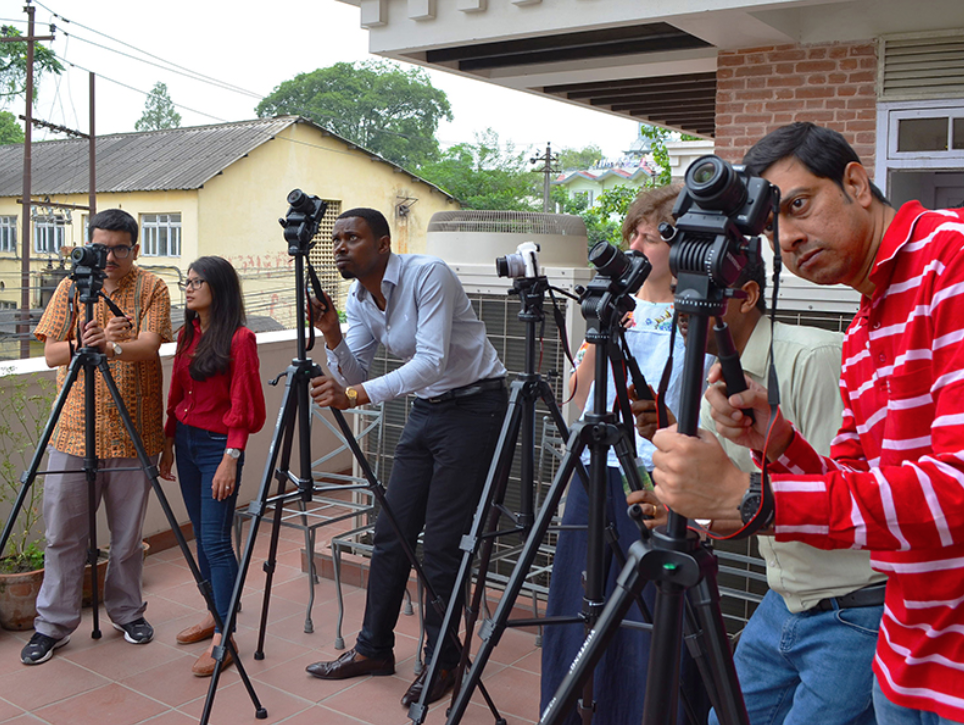 Community researchers from Nepal, Rwanda, Jordan and Bangladesh learning the fundamentals of videography Photo by EngageMedia